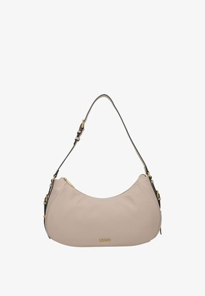 Beige Leder-Umhängetasche mit geschwungener Form, einem verstellbaren Riemen, goldfarbenen Beschlägen und Reißverschluss. Logo-Detail auf der Vorderseite.