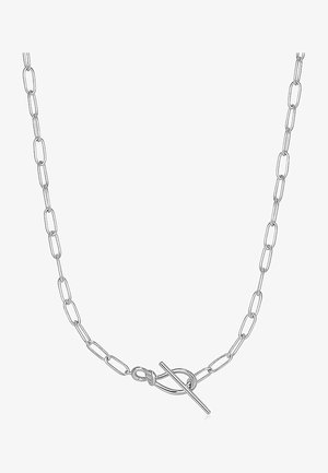 Collier en chaîne argenté avec des maillons allongés et un fermoir à bascule. Le design est minimaliste avec une texture lisse et une finition polie.