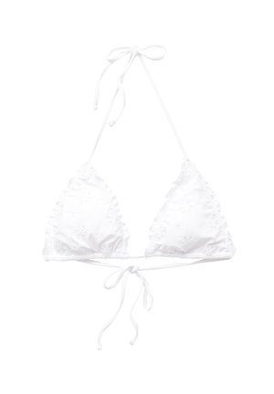 Fehér háromszög bikini felsőrész virágmintás hímzéssel, állítható nyakkendőkkel és hátkötéssel, sima textúrával és ráncolt széllel a tökéletes illeszkedés érdekében.