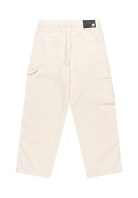 Pantalones cargo beige de algodón con un corte holgado, que cuentan con múltiples bolsillos y un parche del logotipo de DC en la cinturilla trasera.