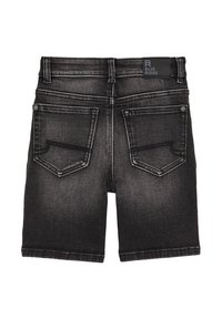 Črne denim kratke hlače z zbledelim dizajnom, ki vključujejo oznako na pasu, zanke za pas in dva hrbna žepa z nagnjenimi poklopci.