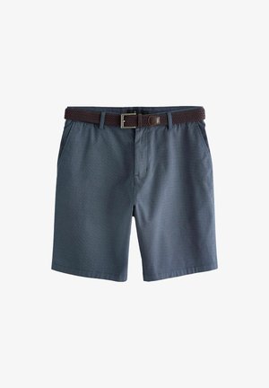 Mannen navy shorts van gestructureerde stof met een geweven bruine riem, voorzien van twee voorzakken en een platte voorkant.