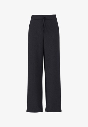 Dark gray wide-leg pants with a textured fabric, featuring an elastic waistband and adjustable drawstring for a comfortable fit.