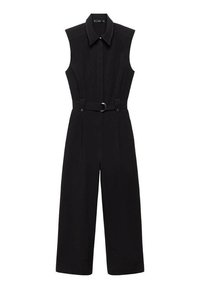 Jumpsuit noir sans manches avec un col, une taille ceinturée, des jambes larges et des poches latérales. Fabriqué en tissu structuré.