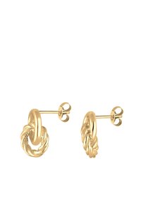 Gold-tone metal stud earrings with a twisted knot design, featuring a polished finish and secure post back.
