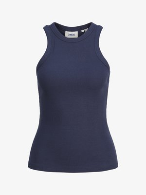 Navyblaues geripptes Tanktop mit hohem Ausschnitt und ärmellosem Design. Verfügt über eine figurbetonte Form und dehnbare Textur. Etikett innen sichtbar.