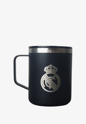 Czarny kubek ze stali nierdzewnej z srebrną obręczą i wytłoczonym logo Real Madrid z koroną. Zawiera uchwyt dla łatwego trzymania.