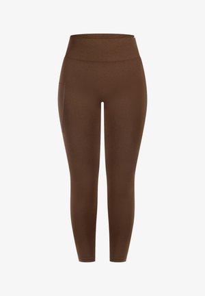 Brown high-waisted leggings with a smooth texture, featuring a side pocket and tapered legs for a fitted silhouette.
