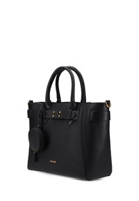 Borsa a tracolla in pelle nera texturizzata con doppi manici, dettagli dorati e una tasca rotonda porta monete staccabile. Presenta una forma strutturata e cinghie laterali.