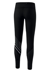 Leggings negros con una cintura alta, que presentan detalles de rayas diagonales en gris y paneles de malla, diseñados para ofrecer comodidad y flexibilidad.