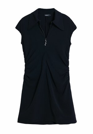 Schwarzes Kleid mit klassischem Kragen, kurzen Ärmeln und Reißverschluss vorne. Verfügt über geraffte Details an den Seiten für eine taillierte Silhouette.