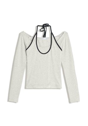 Light gray long-sleeve top with off-shoulder design and black accents. Features a rounded neckline with tie detail at the back. Cotton-blend material.