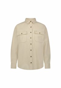 Camicia beige con colletto, due tasche sul petto e bottoni metallici. Realizzata in un tessuto resistente con una superficie liscia.