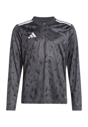 Langärmliges Sportshirt in Dunkelgrau mit einem abstrakten, dreieckigen Muster, aus glattem Stoff gefertigt. Mit weißen Akzenten in Form von drei Streifen auf den Schultern.