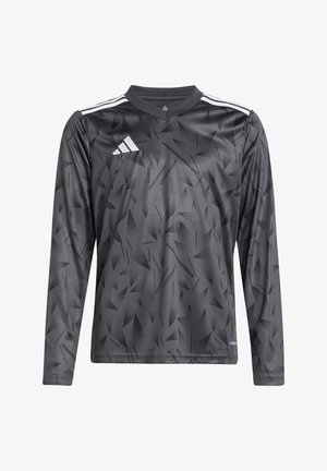 Langärmliges Sportshirt in Dunkelgrau mit einem abstrakten, dreieckigen Muster, aus glattem Stoff gefertigt. Mit weißen Akzenten in Form von drei Streifen auf den Schultern.