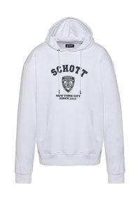 Biała bluza z kapturem wykonana z miękkiego materiału, z kieszenią kangurką, sznurkami oraz czarnym nadrukiem i grafiką z przodu, w tym logo w formie odznaki.