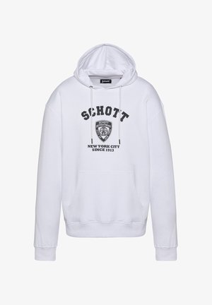 Felpa con cappuccio bianca in tessuto morbido, con tasca a marsupio, coulisse e testo/immagini nere sul davanti, incluso un logo a patch.