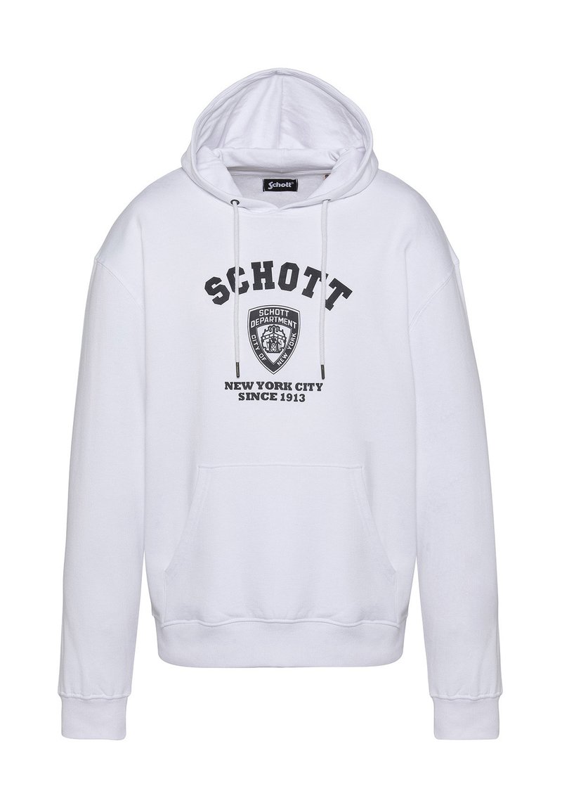 Biała bluza z kapturem wykonana z miękkiego materiału, z kieszenią kangurką, sznurkami oraz czarnym nadrukiem i grafiką z przodu, w tym logo w formie odznaki.