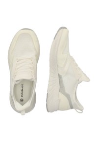 Vita idrottskor med en strukturerad ovandel, snörning och ett grått accentband på sidan. Gummisula för grepp. Storlek 38.