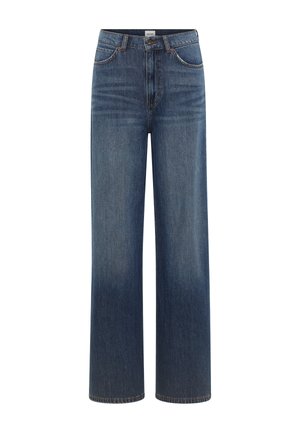 Jeans in denim a gamba larga di colore blu scuro con una sfumatura graduale, dotati di cinque tasche, passanti per cintura e dettagli di cuciture a contrasto.