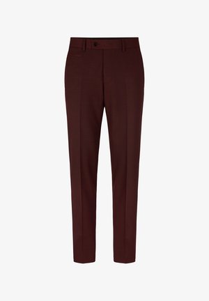 Bordeaux farbige, maßgeschneiderte Hose aus gewebtem Stoff. Mit flacher Vorderseite, Seitentaschen und einem einzigen Knopfverschluss. Gerade Beinform.