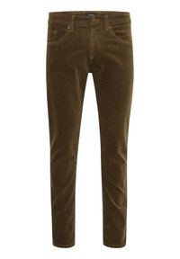 Olive green corduroy pants with a slim fit, five pockets, belt loops, and a button closure. Soft texture with vertical ribbing detail.