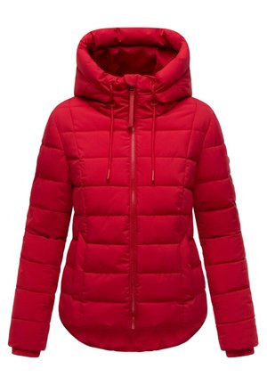 Jachetă roșie căptușită cu guler înalt, închidere cu fermoar, glugă cu șnur și manșete elastice. Model texturat, matlasat, pe toată suprafața.