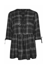 Blusa a cuadros en negro y gris con mangas de tres cuartos, escote en V y cintura con cordón ajustable. Presenta lazos en el escote y en los puños de las mangas.