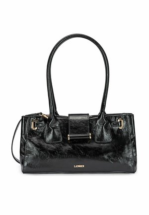 Borsa a mano in pelle nera lucida con due manici, patta frontale, parti metalliche dorate e piccolo logo del marchio al centro davanti.