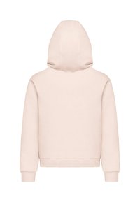 Felpa con cappuccio rosa chiaro, con una texture di tessuto morbido, design corto, maniche lunghe e polsini e orlo a coste. Vista posteriore mostrata.