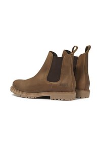 Bottines Chelsea en cuir marron avec des côtés élastiques et des languettes, dotées d'une semelle en caoutchouc texturé et d'un logo de marque embossé au talon.