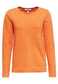 Oranger Strickpullover mit gerippten horizontalen Streifen, rundem Halsausschnitt und langen Ärmeln. Hergestellt aus weichem, strukturiertem Stoff.