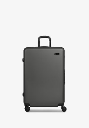 Maleta rígida de color gris oscuro con cuatro ruedas, asa telescópica, asa lateral y logo de Smartbox en el panel frontal.