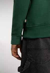 Groene fleece sweatshirt met ribbelmanchetten, gecombineerd met donkere denim. Zichtbare labeldetails nabij de zoom. Zachte textuur, relaxte pasvorm.