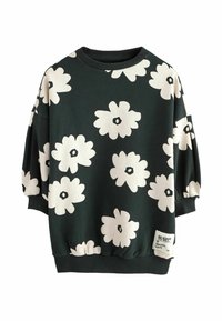 Zielony sweatshirt w kwiaty z dużymi białymi kwiatami i czarnymi środkami, z prążkowanymi mankietami i dołem. Wykonany z miękkiego materiału o luźnym kroju.