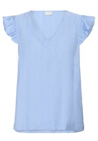 Haut bleu clair à col en V avec des manches courtes à volants, fabriqué en tissu texturé, présentant une coupe décontractée et une ligne d'ourlet droite.