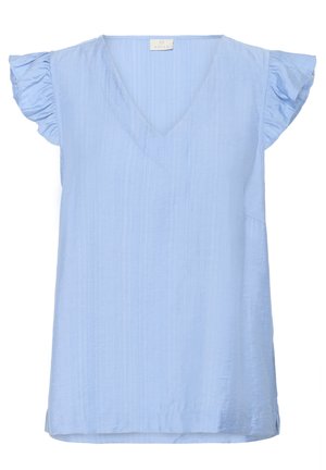 Haut bleu clair à col en V avec des manches courtes à volants, fabriqué en tissu texturé, présentant une coupe décontractée et une ligne d'ourlet droite.