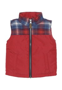 Czerwona bezrękawnik z ociepleniem, z zamkiem błyskawicznym z przodu, dwoma kieszeniami oraz niebieskim, białym i czerwonym kołnierzem i panelem na ramionach w kratę.