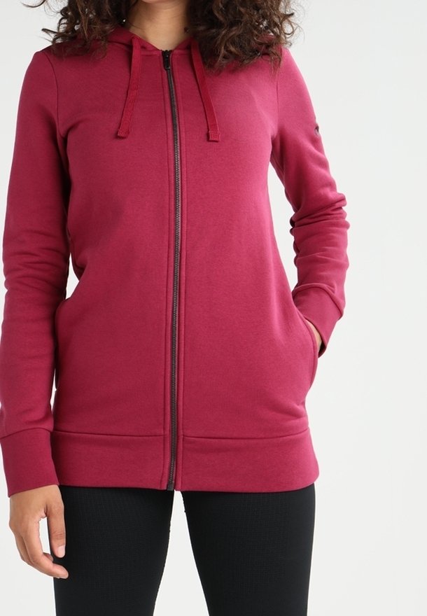 Tmavě červená mikina na zip s kapucí, dlouhými rukávy, předními kapsami a žebrovanými manžetami. Hladký materiál a šňůrky na kapuci.