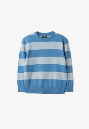 Blau und hellgrau breit horizontal gestreifter Langarmpullover mit Rundhalsausschnitt und gerippten Bündchen und Saum.