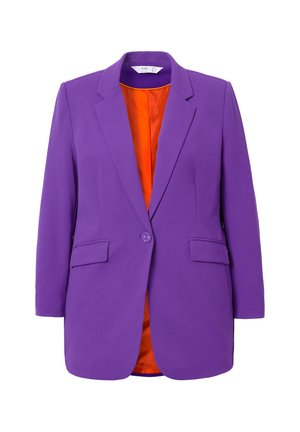 Blazer viola con chiusura a un solo bottone, due tasche frontali e rivestimento arancione. Design strutturato e texture liscia.