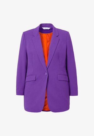 Blazer viola con chiusura a un solo bottone, due tasche frontali e rivestimento arancione. Design strutturato e texture liscia.
