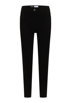 Zwarte slim-fit spijkerbroek met knoop- en ritssluiting aan de voorkant, voorzien van twee zakken aan de voorkant en twee aan de achterkant.