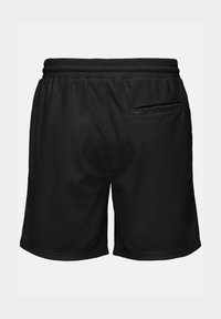 Pantalones cortos deportivos negros hechos de un tejido texturizado con una cinturilla elástica y un bolsillo trasero con cremallera. Presenta un diseño simple y una forma rectangular.