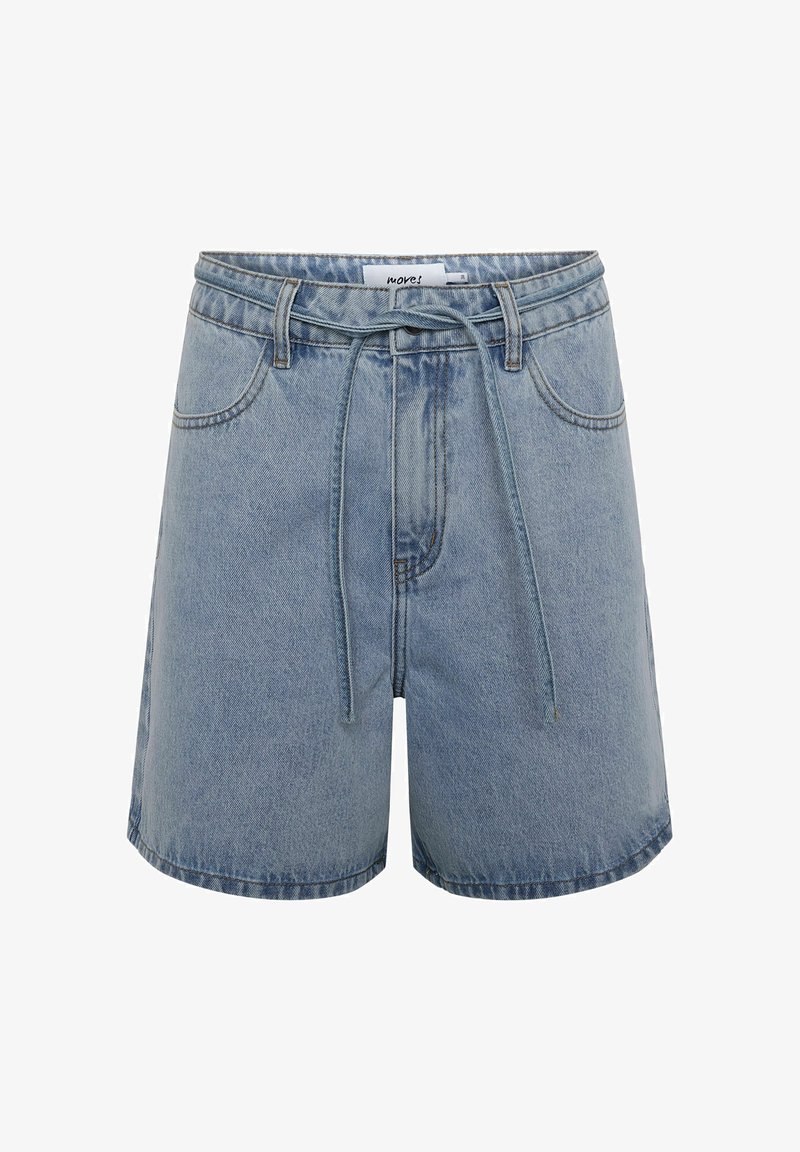 Vaaleansiniset farkkuhousut, joissa on narukiristysvyötärö, kaksi sivutaskua, rento istuvuus ja repaleinen helma. Klassinen viiden taskun muotoilu.