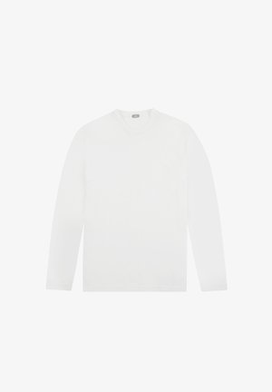 Camiseta blanca de manga larga hecha de algodón suave. Diseño de cuello redondo, costuras uniformes y sin patrones o gráficos visibles.