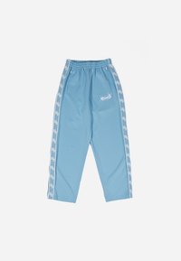 Light blue athletic pants with a relaxed fit, featuring a white logo centered on the front and white side stripes with a geometric pattern.