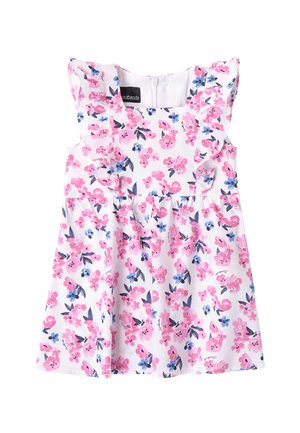Bloemrijke jurk in roze, blauw en wit, met ruffle mouwen, een getailleerde buste en een uitlopende rokontwerp met een rits aan de achterkant.