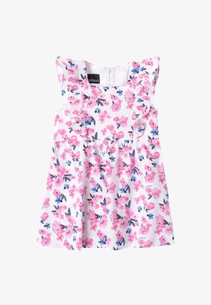 Bloemrijke jurk in roze, blauw en wit, met ruffle mouwen, een getailleerde buste en een uitlopende rokontwerp met een rits aan de achterkant.