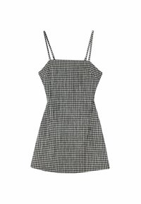 Sorte og hvide gingham ternet sommerkjole med tynde stropper, tætsiddende bodice og udvidet skørt, lavet af let, tekstureret bomuldsstof.